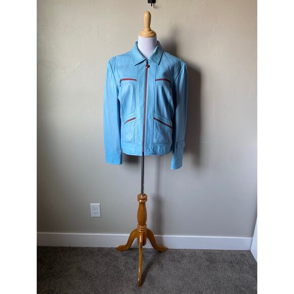 Y2K St. John Sport By Marie Gray Blue Leather Jacket w/ Red Trim Accents/Lining - Picture 4 of 16